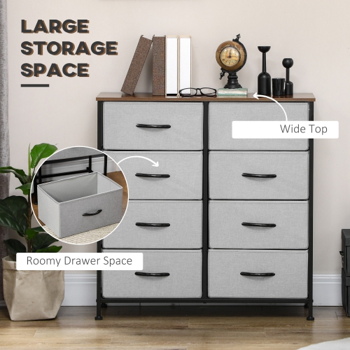 HOMCOM 8 Drawer Dresser for Bedroom, Fabric Chest of Drawers with Steel Frame, Wood Grain Top and Handles, Grey
