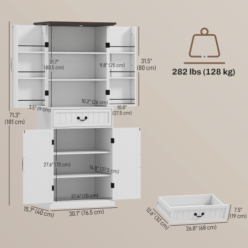 HOMCOM 71" Kitchen Pantry Cabinet with 3-Colour LED Motion Sensor Light, Farmhouse Tall Buffet Storage Cabinet with Door Shelves, Adjustable Shelves