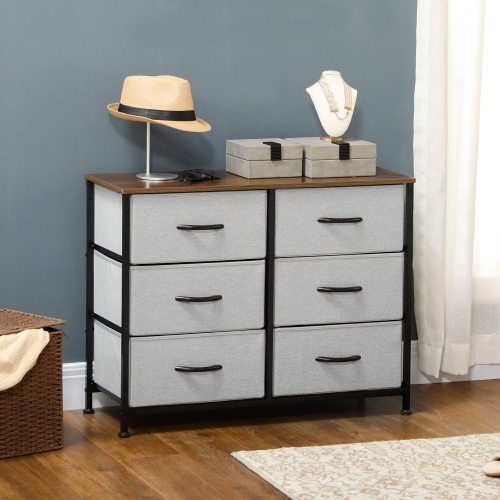 HOMCOM 6 Drawer Dresser for Bedroom, Fabric Chest of Drawers with Steel Frame, Wood Grain Top and Handles, Grey