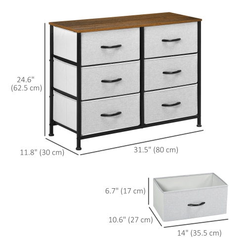 HOMCOM 6 Drawer Dresser for Bedroom, Fabric Chest of Drawers with Steel Frame, Wood Grain Top and Handles, Grey