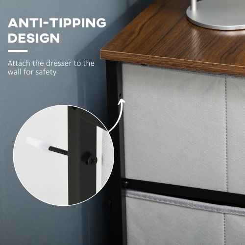 HOMCOM 6 Drawer Dresser for Bedroom, Fabric Chest of Drawers with Steel Frame, Wood Grain Top and Handles, Grey