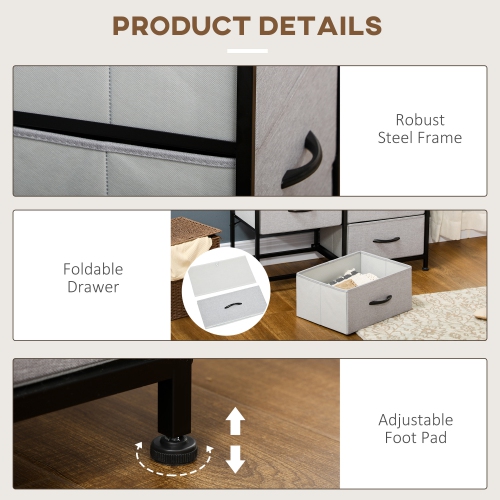 HOMCOM 6 Drawer Dresser for Bedroom, Fabric Chest of Drawers with Steel Frame, Wood Grain Top and Handles, Grey