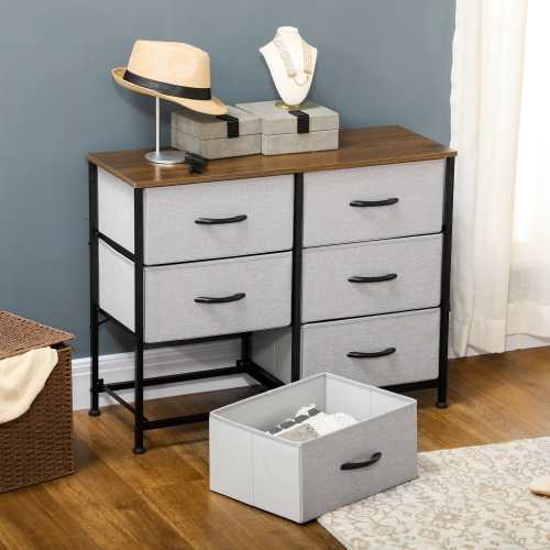 HOMCOM 6 Drawer Dresser for Bedroom, Fabric Chest of Drawers with Steel Frame, Wood Grain Top and Handles, Grey