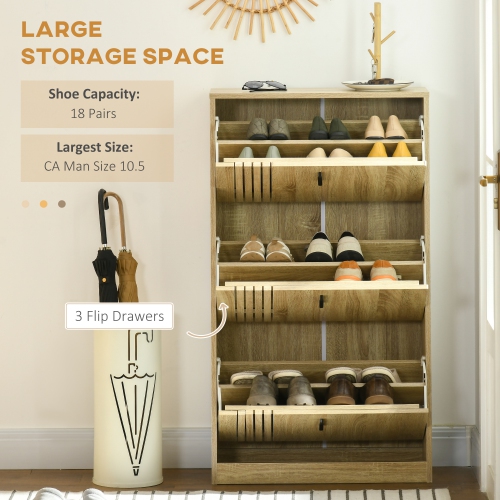 HOMCOM Shoe Cabinet, Rustic Shoe Storage Cabinet with 3 Flip Drawers and Adjustable Shelves for 18 Pairs for Entryway, Hallway, Oak