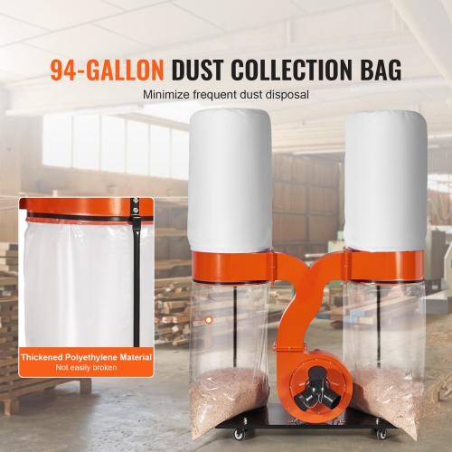 VEVOR 3HP 1550 CFM Dust Collector, Rolling Dual Dust Collector with 94-Gallon Large Dust Collection Bag, 2.5 Micron Bag Filtration, Workshop Mobile