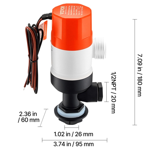 VEVOR Livewell Pump for Boat, 12V 1100 GPH Straight Livewell Aerator Pump with Dual Inlet, ABA Housing & Detachable Motor Cartridge,