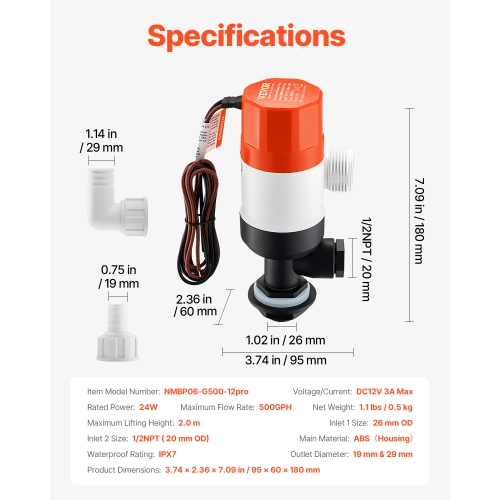 VEVOR 12V 500 GPH Livewell Pump for Boat, Straight Livewell Aerator Pump with Dual Inlet, ABA Housing & Detachable Motor Cartridge,