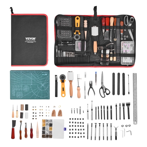 VEVOR 61 PCS Leather Craft Tools with Portable Canvas Storage Bag, Engraving Punching Sewing Stamping Sanding Tools, Ideal for Beginners DIY