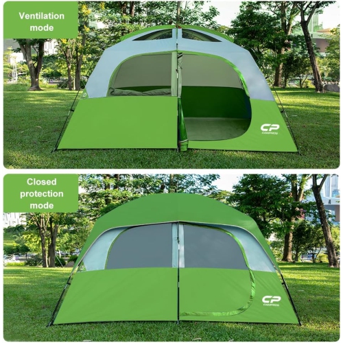 Tente de camping CAMPROS CP pour 6 personnes, tente familiale étanche à l'épreuve du vent avec double-toit, 4 grandes fenêtres en filet, double