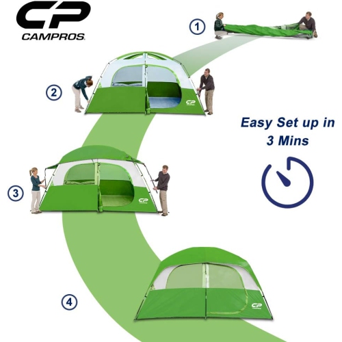 Tente de camping CAMPROS CP pour 6 personnes, tente familiale étanche à l'épreuve du vent avec double-toit, 4 grandes fenêtres en filet, double