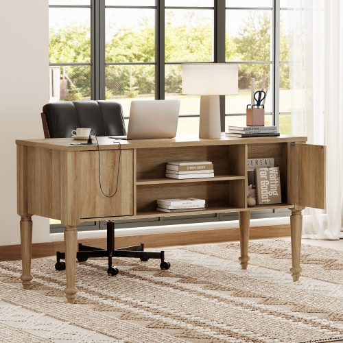 WAMAPT Farmhouse Executive Desk with 5 Drawers, Home Office Desk with Charging Station, Wood Computer Desk with File Cabinet Storage, Door, Open
