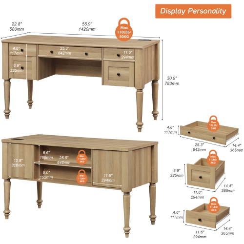 WAMAPT Farmhouse Executive Desk with 5 Drawers, Home Office Desk with Charging Station, Wood Computer Desk with File Cabinet Storage, Door, Open