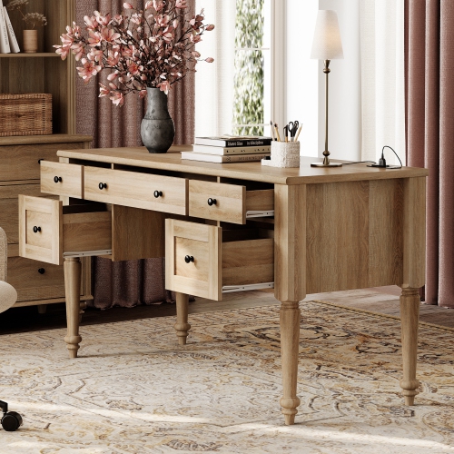 WAMAPT Farmhouse Executive Desk with 5 Drawers, Home Office Desk with Charging Station, Wood Computer Desk with File Cabinet Storage, Door, Open