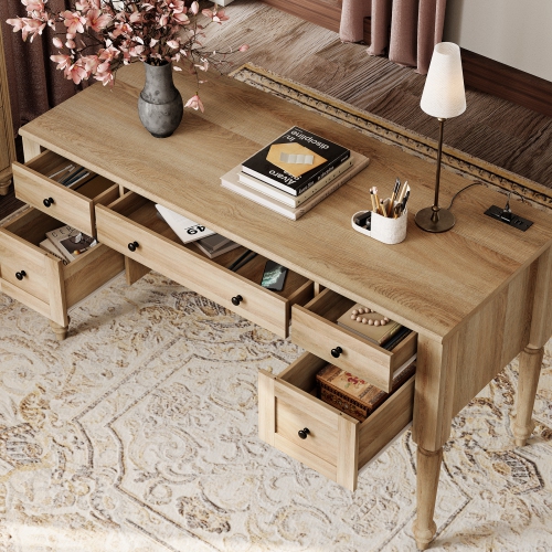 WAMAPT Farmhouse Executive Desk with 5 Drawers, Home Office Desk with Charging Station, Wood Computer Desk with File Cabinet Storage, Door, Open
