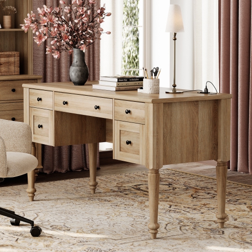 WAMAPT Farmhouse Executive Desk with 5 Drawers, Home Office Desk with Charging Station, Wood Computer Desk with File Cabinet Storage, Door, Open