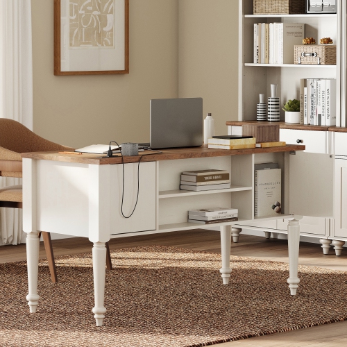 WAMAPT Farmhouse Executive Desk with 5 Drawers, Home Office Desk with Charging Station, Wood Computer Desk with File Cabinet Storage, Door, Open