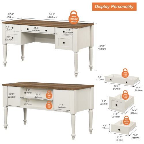WAMAPT Farmhouse Executive Desk with 5 Drawers, Home Office Desk with Charging Station, Wood Computer Desk with File Cabinet Storage, Door, Open