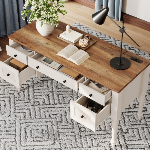 WAMAPT Farmhouse Executive Desk with 5 Drawers, Home Office Desk with Charging Station, Wood Computer Desk with File Cabinet Storage, Door, Open
