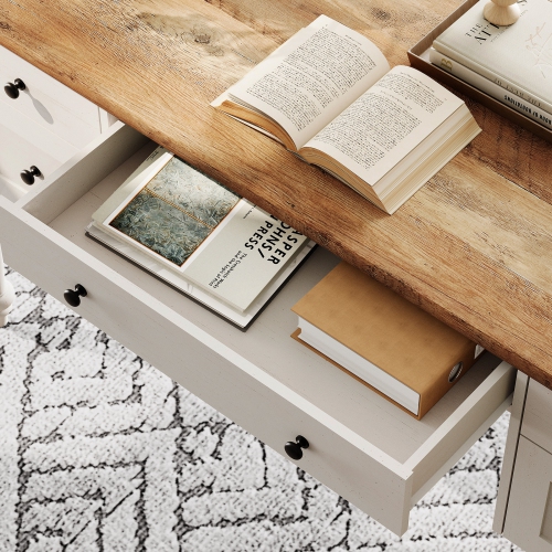 WAMAPT Farmhouse Executive Desk with 5 Drawers, Home Office Desk with Charging Station, Wood Computer Desk with File Cabinet Storage, Door, Open