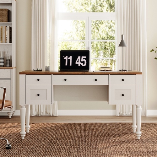 WAMAPT Farmhouse Executive Desk with 5 Drawers, Home Office Desk with Charging Station, Wood Computer Desk with File Cabinet Storage, Door, Open