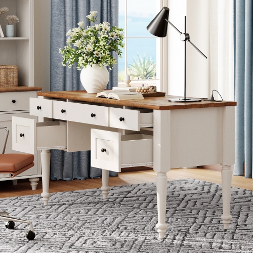 WAMAPT Farmhouse Executive Desk with 5 Drawers, Home Office Desk with Charging Station, Wood Computer Desk with File Cabinet Storage, Door, Open