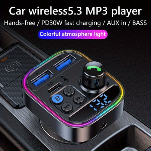 Car Bluetooth player, 30W fast charging, car voltage detection, ambient light display, hands-free calling, audio receiver, QC3.0 and Type-C PD USB
