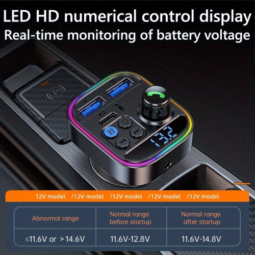 Car Bluetooth player, 30W fast charging, car voltage detection, ambient light display, hands-free calling, audio receiver, QC3.0 and Type-C PD USB