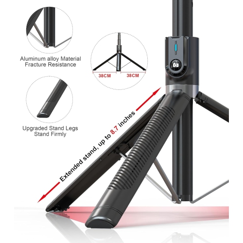 K29 Perche à égoportrait Trépied pour téléphone mobile avec télécommande + jusqu'à 2,15&nbsp;M, voyage en direct - 1 support multifonction