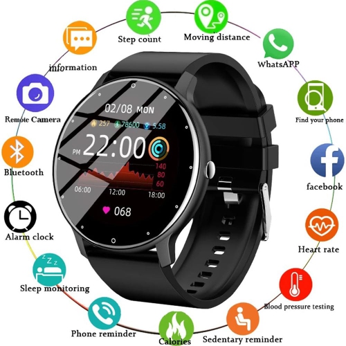 Montre intelligente sport étanche, moniteur de fréquence cardiaque, tension artérielle, moniteur de sommeil intelligent pour hommes et femmes – Noir