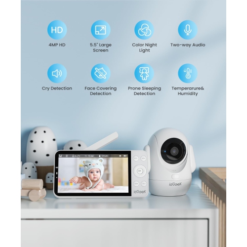 Interphone de surveillance 355° d'ieGeek 4&nbsp;Mpx avec veilleuse RVB, écran IPS sans fil de 5,5&nbsp;po, moniteur Bébé Wi-Fi 2,4 GHz/5G, caméra