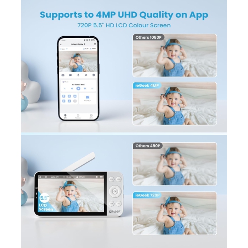 Interphone de surveillance 355° d'ieGeek 4&nbsp;Mpx avec veilleuse RVB, écran IPS sans fil de 5,5&nbsp;po, moniteur Bébé Wi-Fi 2,4 GHz/5G, caméra