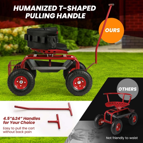 Chariot de jardin roulant de Costway – Siège de travail de jardinage extérieur avec hauteur réglable et rangement pour outils vert-bleu-rouge