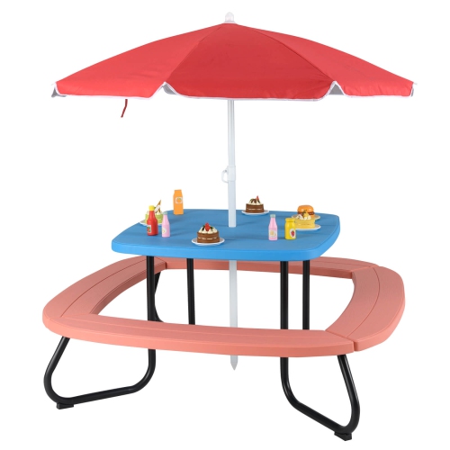 COSTWAY  Kids Picnic Table Outdoor Activity Table With Adjustable & Collapsible Umbrella Blue/white/brown