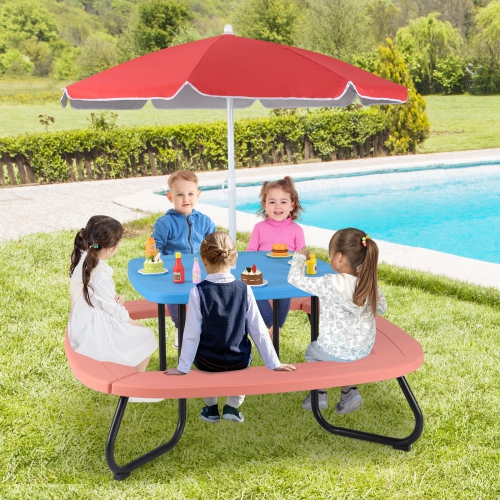 Costway Kids Picnic Table Outdoor Activity Table with Adjustable & Collapsible Umbrella Blue/White/Brown