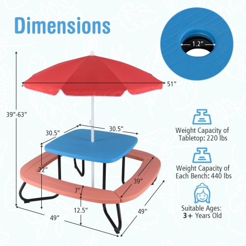 Costway Kids Picnic Table Outdoor Activity Table with Adjustable & Collapsible Umbrella Blue/White/Brown