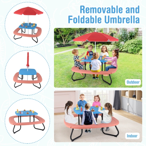 Costway Kids Picnic Table Outdoor Activity Table with Adjustable & Collapsible Umbrella Blue/White/Brown