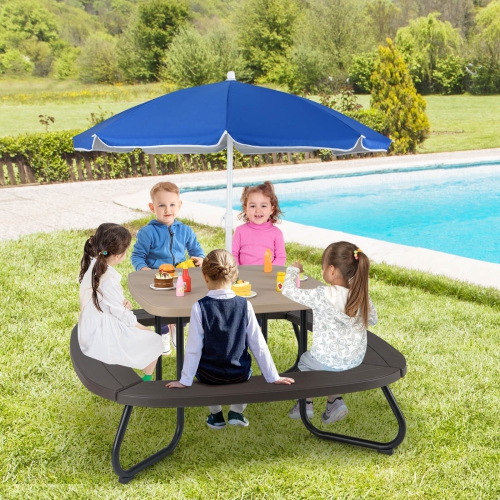 Costway Kids Picnic Table Outdoor Activity Table with Adjustable & Collapsible Umbrella Blue/White/Brown