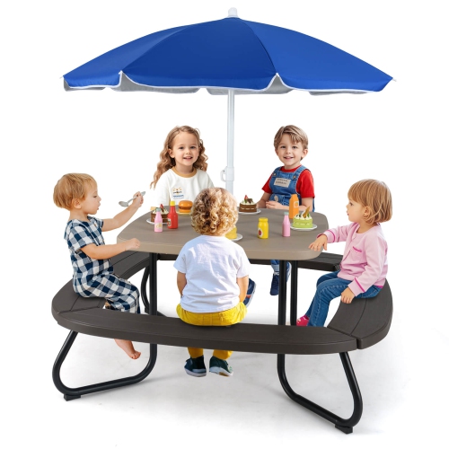 Costway Kids Picnic Table Outdoor Activity Table with Adjustable & Collapsible Umbrella Blue/White/Brown