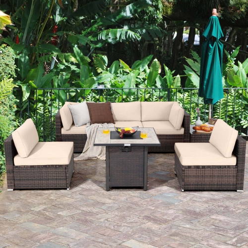 Costway 7PCS Patio Rattan Furniture Set 30" Fire Pit Table Cover Cushion Sofa