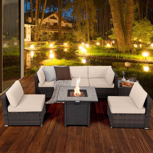 Costway 7PCS Patio Rattan Furniture Set 30" Fire Pit Table Cover Cushion Sofa