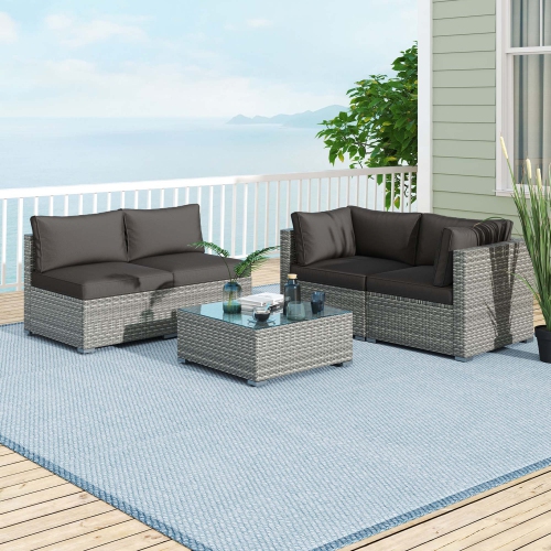 COSTWAY  5/10 PCs Outdoor Patio Sectional Sofa Couch Pe Rattan Conversation Set Black/gray
