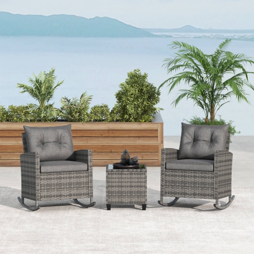 Costway 3 PCS Patio Wicker Rocking Set with Tempered Glass Table & Soft Cushions Outdoor Navy/Gray