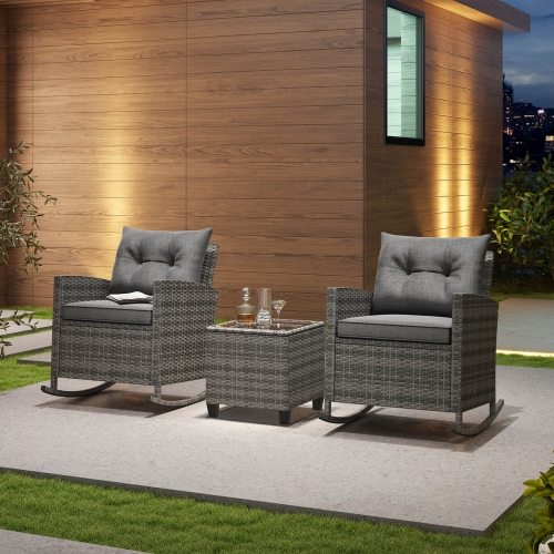 Costway 3 PCS Patio Wicker Rocking Set with Tempered Glass Table & Soft Cushions Outdoor Navy/Gray