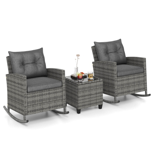 Costway 3 PCS Patio Wicker Rocking Set with Tempered Glass Table & Soft Cushions Outdoor Navy/Gray