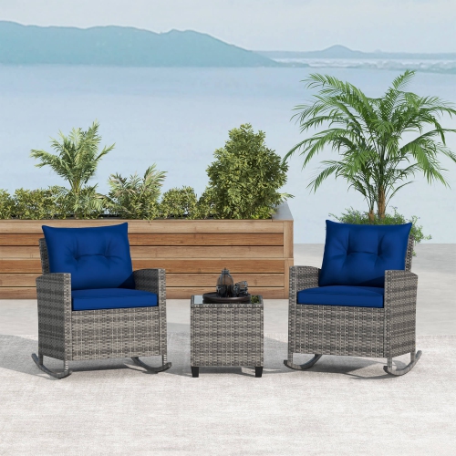 COSTWAY  3 PCs Patio Wicker Rocking Set With Tempered Glass Table & Soft Cushions Outdoor Navy/gray