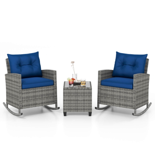Costway 3 PCS Patio Wicker Rocking Set with Tempered Glass Table & Soft Cushions Outdoor Navy/Gray