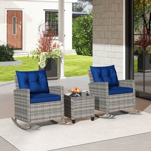 Costway 3 PCS Patio Wicker Rocking Set with Tempered Glass Table & Soft Cushions Outdoor Navy/Gray