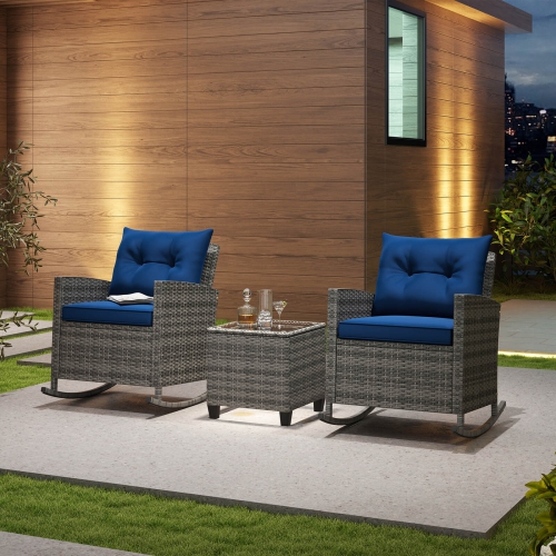 Costway 3 PCS Patio Wicker Rocking Set with Tempered Glass Table & Soft Cushions Outdoor Navy/Gray
