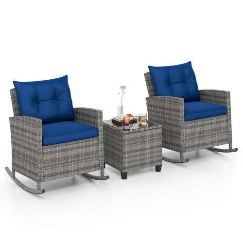 Costway 3 PCS Patio Wicker Rocking Set with Tempered Glass Table & Soft Cushions Outdoor Navy/Gray