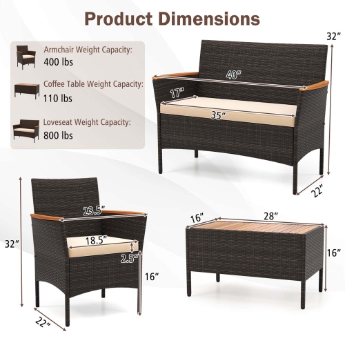 Costway 4 PCS Patio Wicker Sofa Set with Coffee Table Acacia Wood Armrests & Tabletop